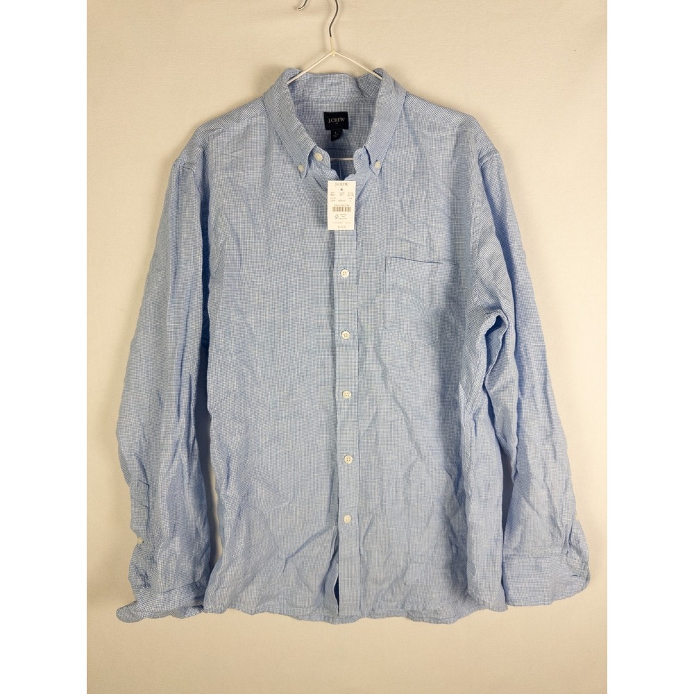 J Crew Mens L Blue Gingham Linen Cotton Button Down Shirt NWT $110 AL179